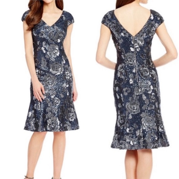 ANTONIO MELANI Dresses & Skirts - Antonio Melani blue navy sequin floral embellished‎ dress size 8 wedding guest